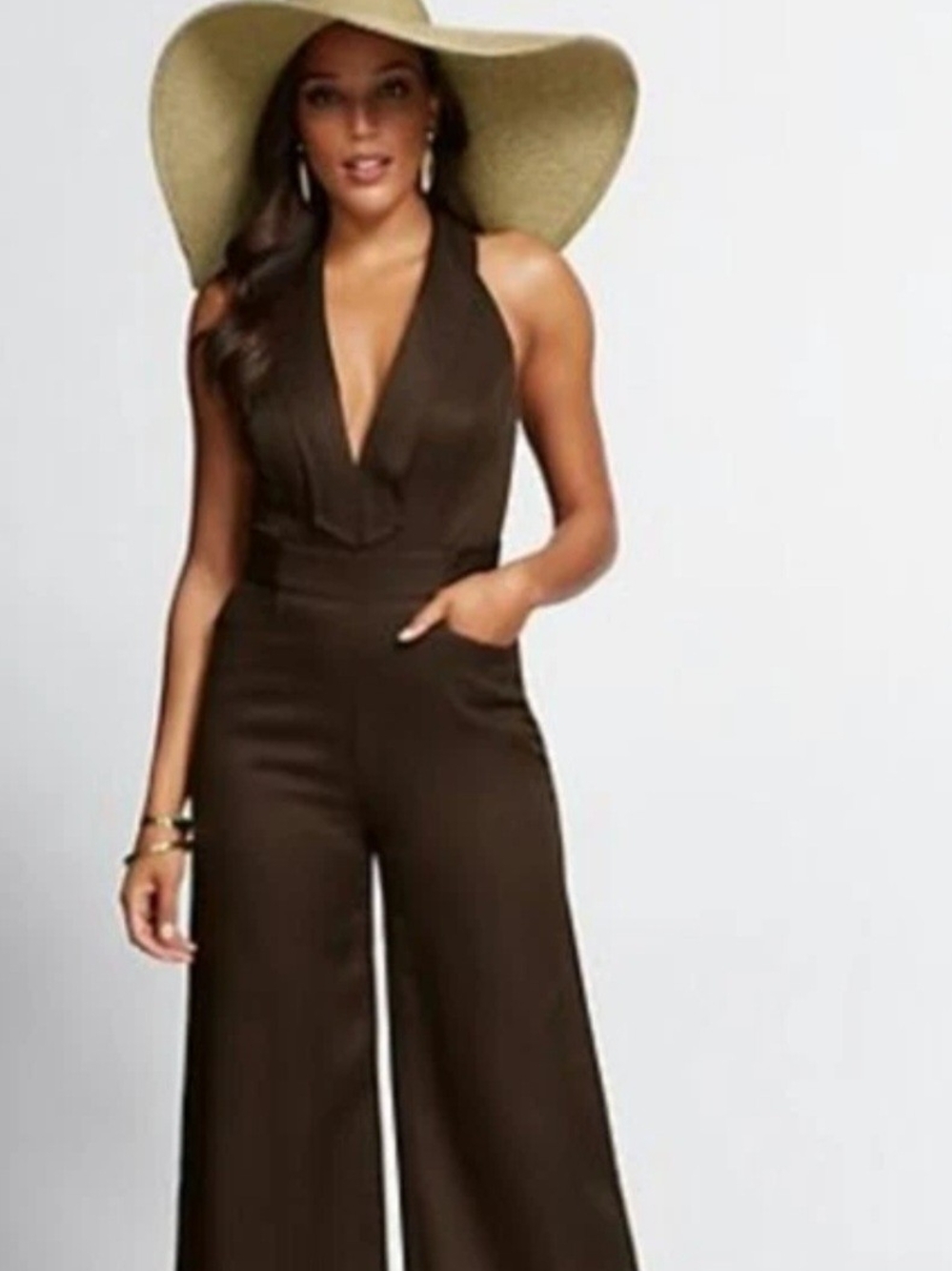 NWT Gabrielle Union x NY&Co Brown Tencel Halter V-Neck Jumpsuit Size Large
